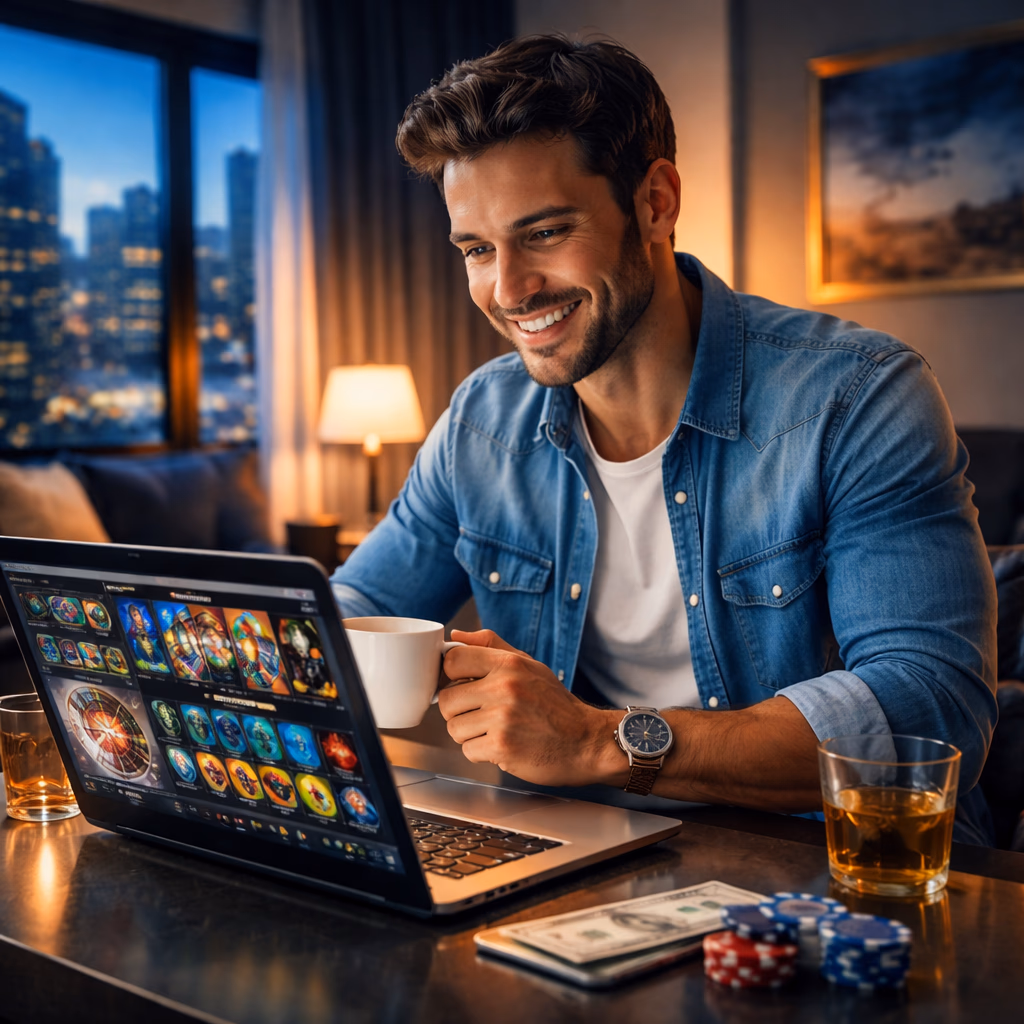 An Argentine player smiling at a laptop after a successful session on the FortuBet platform in a bright modern room.