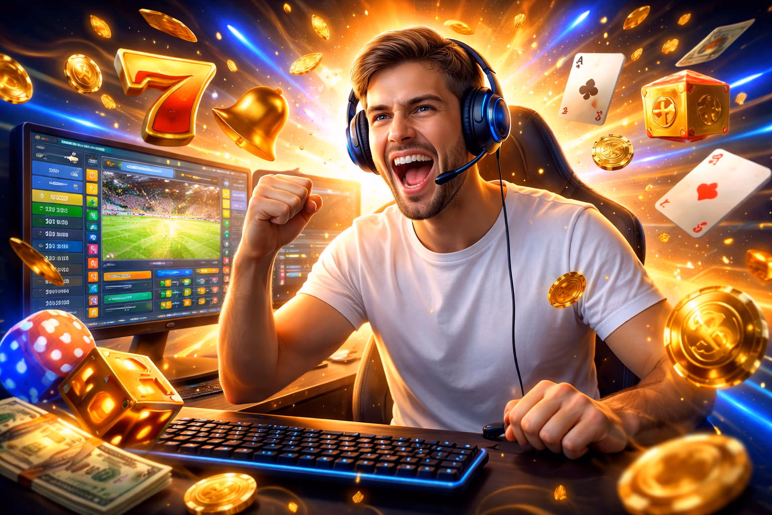 A young woman celebrating after joining FortuBet and winning during an online gaming session on her device.