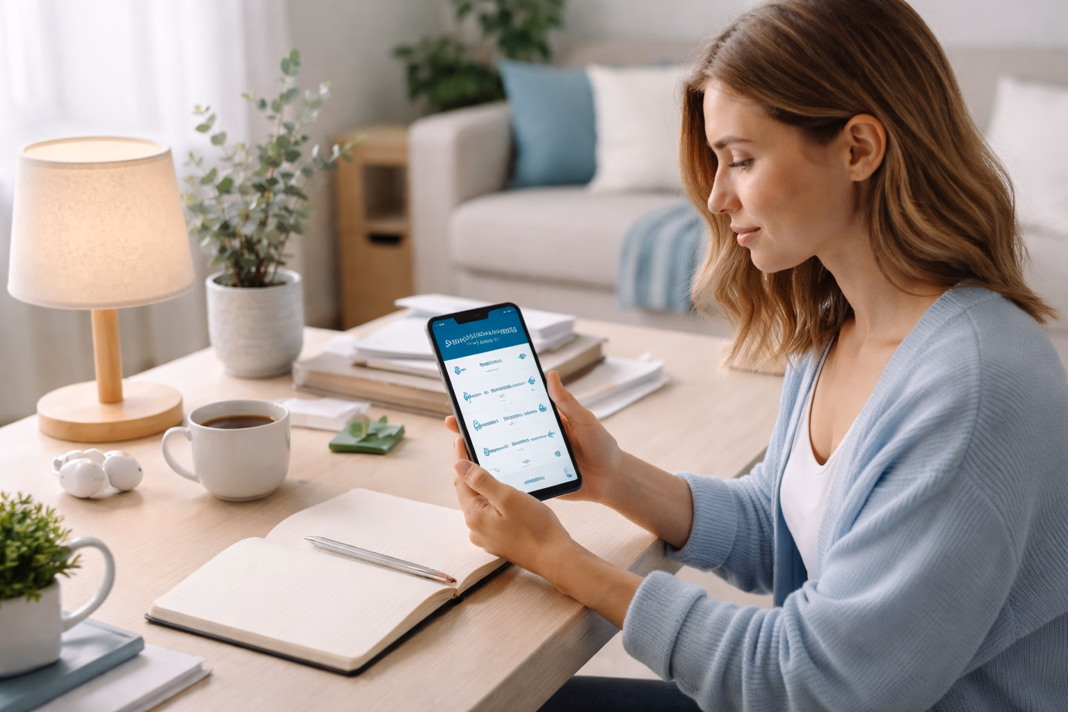 A woman calmly reviewing her gaming budget on FortuBet in a comfortable home setting.
