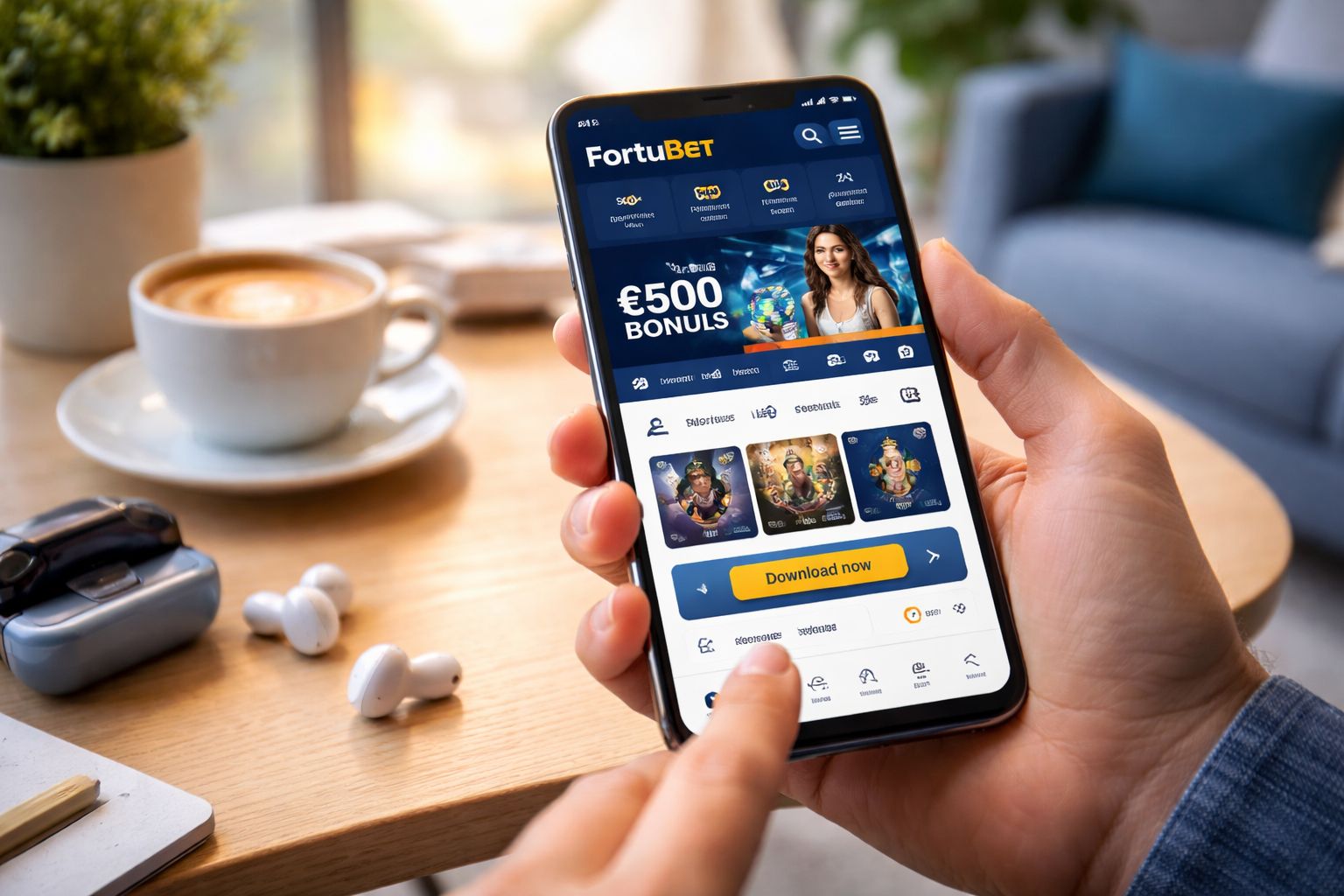 A smiling woman in a modern setting downloading the FortuBet Android APK on her phone before entering casino games and sports markets.