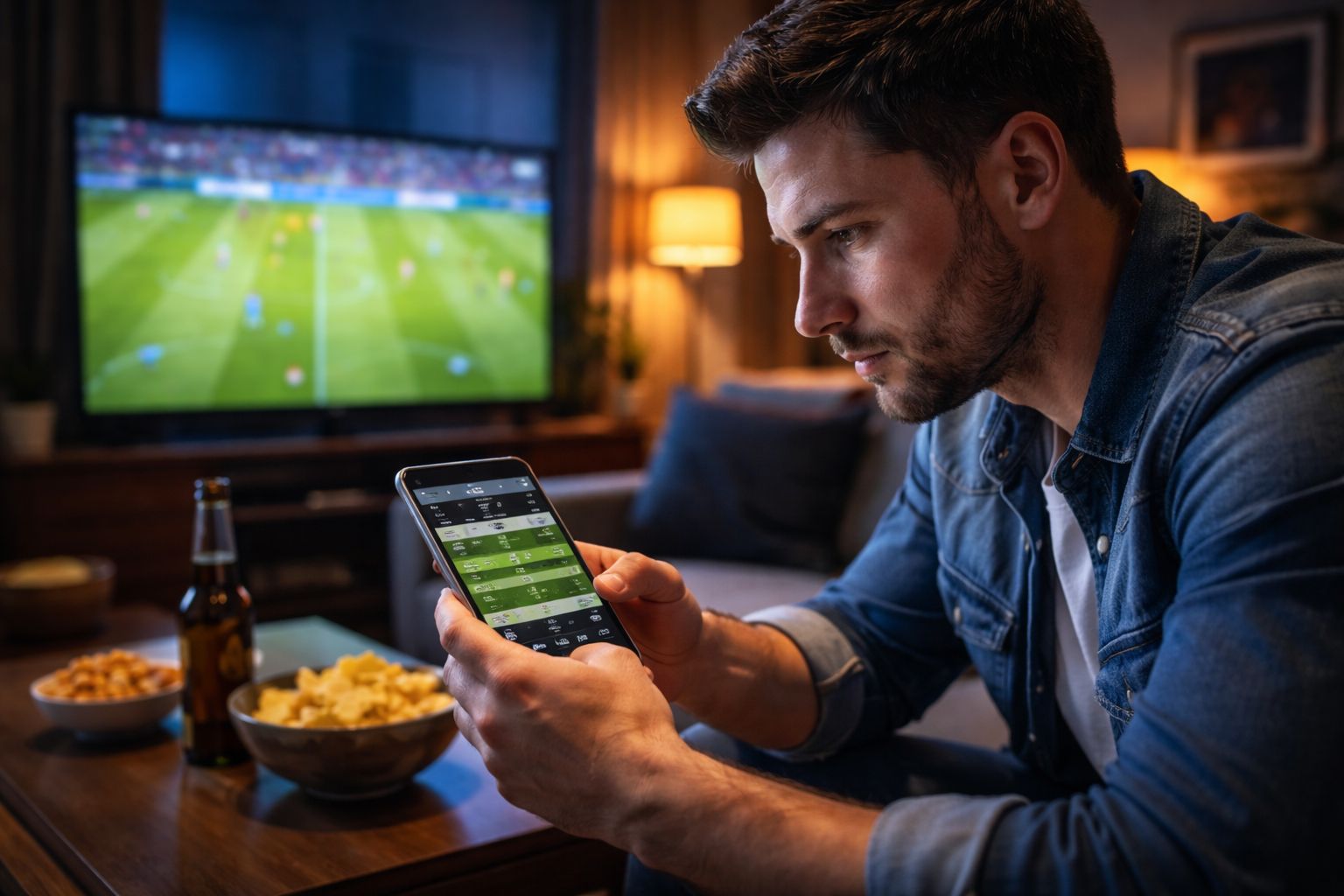 A focused bettor in Argentina tracking live odds on a mobile device using the FortuBet sportsbook during an ongoing match.