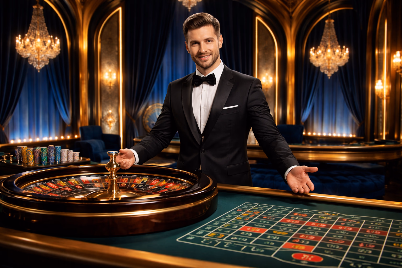 A professional live dealer hosting a FortuBet roulette table under elegant studio lighting.