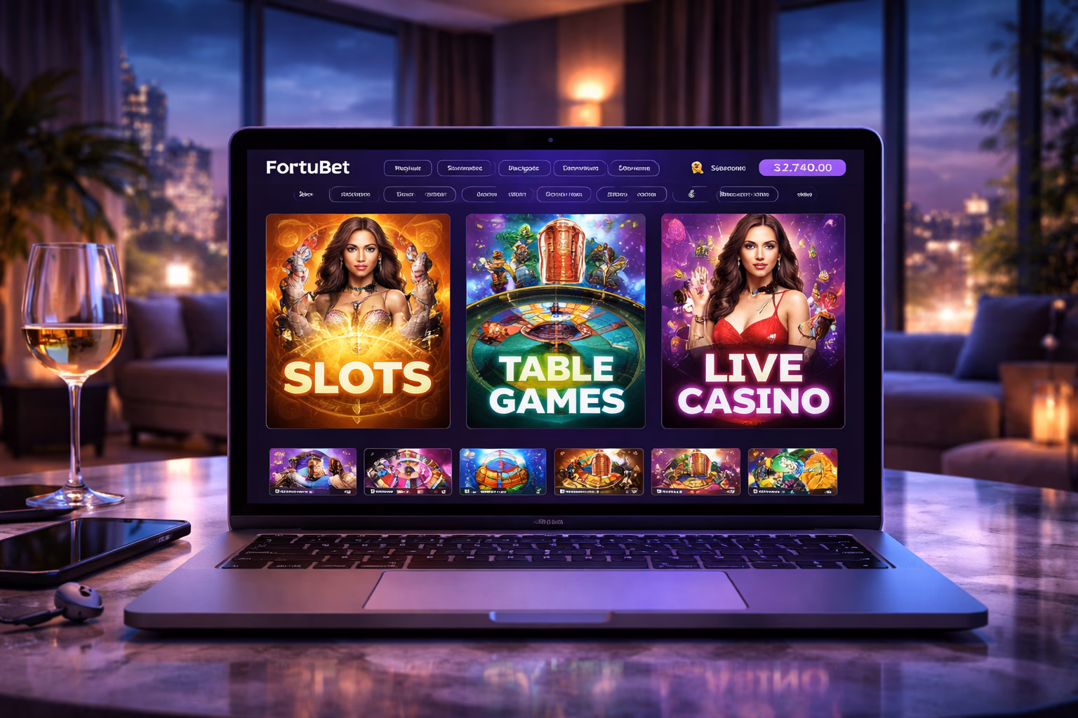 A modern FortuBet game lobby displayed on screen with colorful categories and easy navigation for players in Argentina