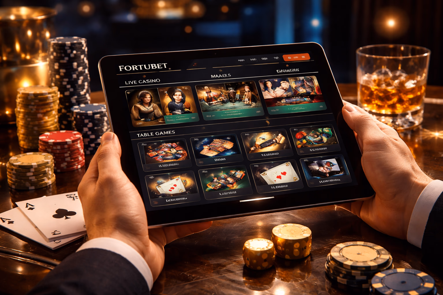 A player reviewing FortuBet casino titles on a sleek device in a stylish setting with vivid lighting