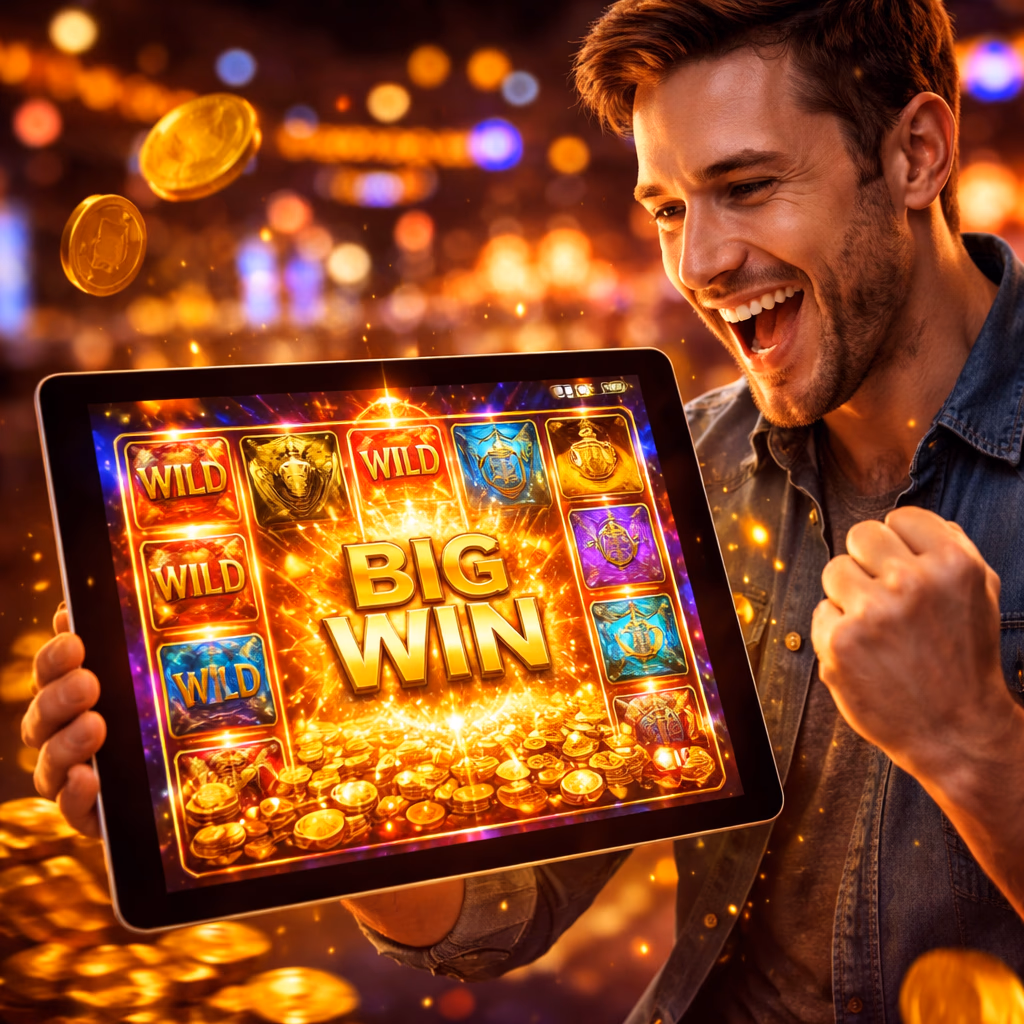 A happy Argentine player celebrating a winning FortuBet slot result on a tablet with bright symbols and flashing bonus effects.