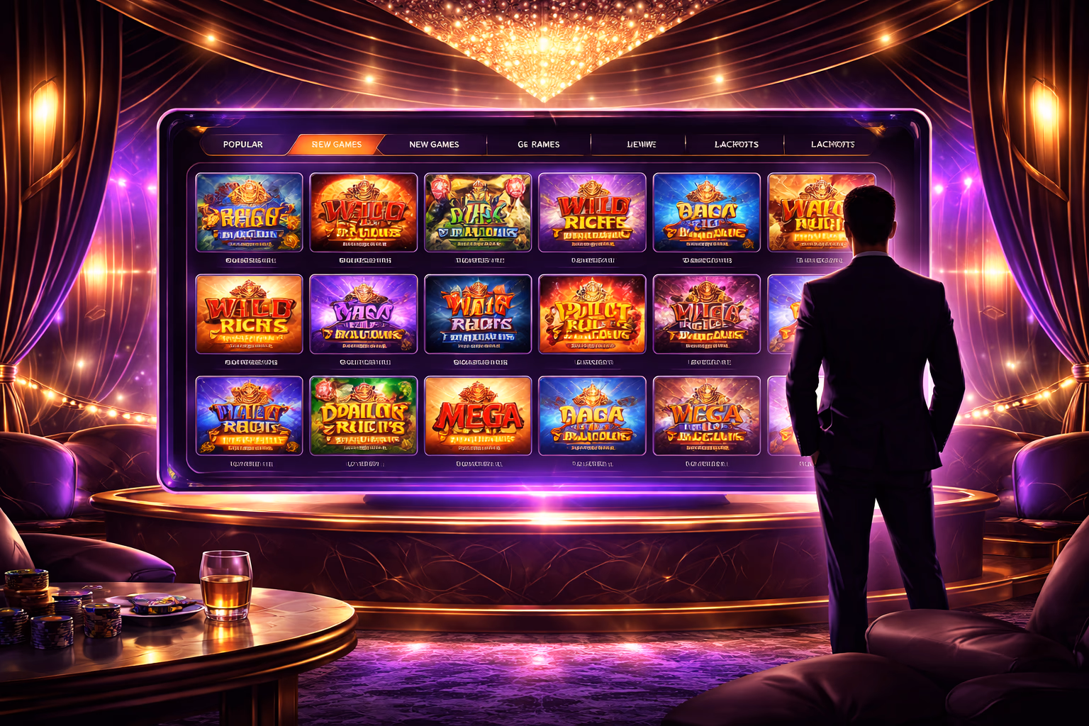 A confident online player reviewing multiple FortuBet slot categories on a modern screen in Argentina with colorful reel previews.